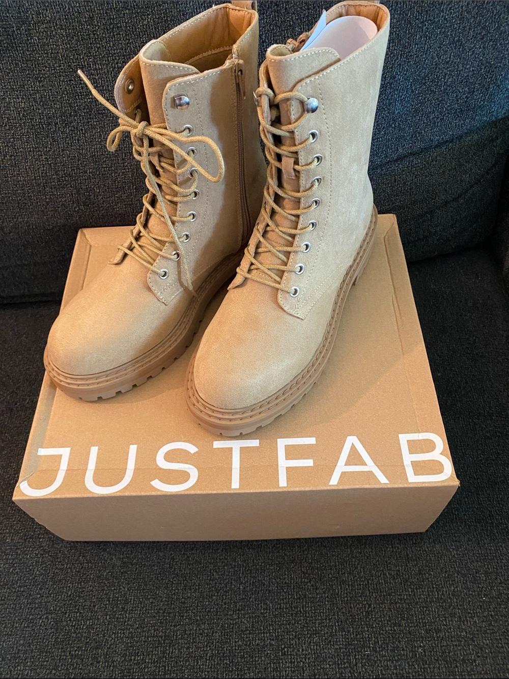 JustFab Tan Suede Side Zipper Front Lace Up Women’s Boot